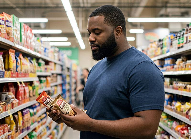 Young-man-looking-at-granola-bar-options-at-grocery-store